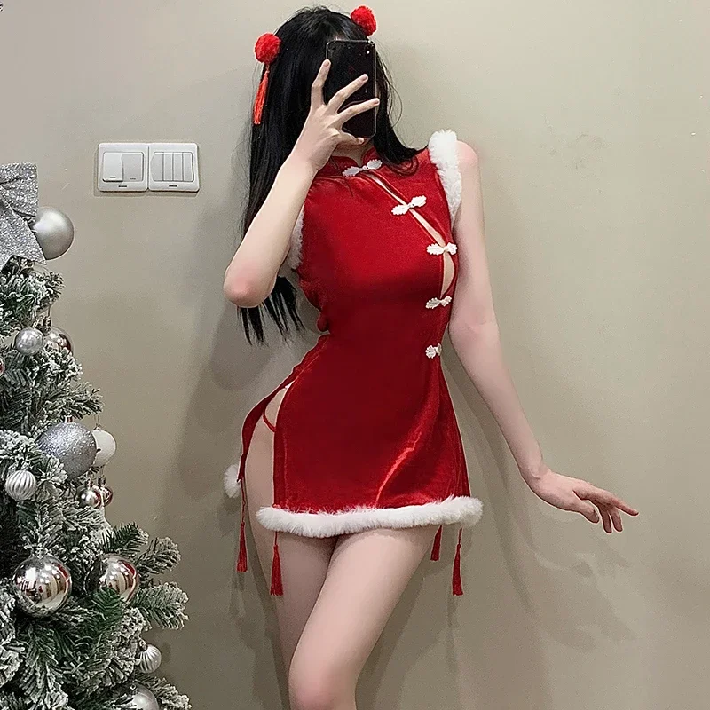 

Sexy Women Christmas Mini Dress Red Autumn Winter Qipao Style Hollow out Dresses Exotic Lingerie Sets Female Kawaii Party Dress