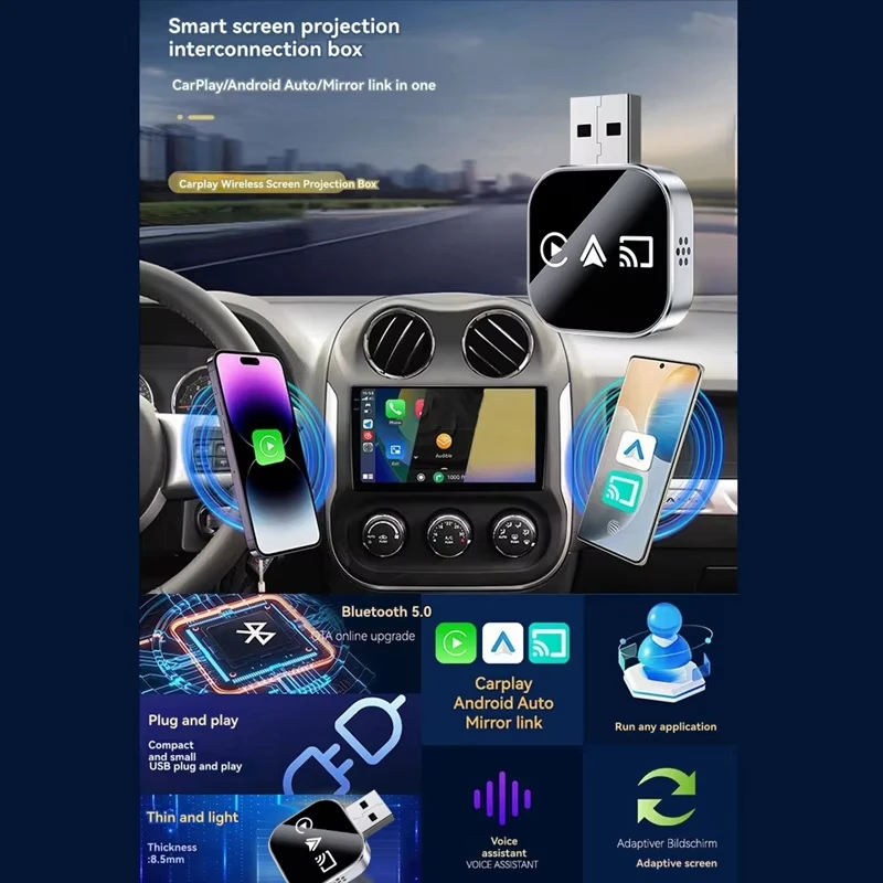 3 in 1 Wireless Carplay Mirror Link Adapter Wired to Wireless Conversion Plug & Play for Wired Carplay 2026