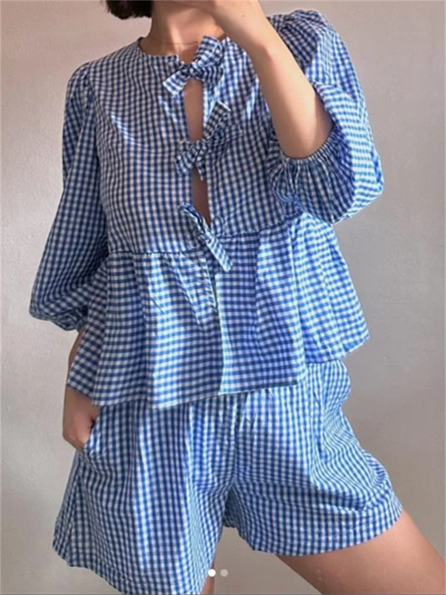 

Elegant Plaid Print Short Pant Suit Y2k Women Lace-Up Bow Puff Sleeve Ruffles Top 2 Pieces Sets Female Casual Vacation Outfits