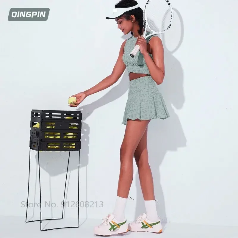 2 Pcs Prints Sports Crop Tops Women Sleeveless Tennia Shirts Ladies Pleated Tnnis Skirts Tennis Workout Clothes Sportswear Gym