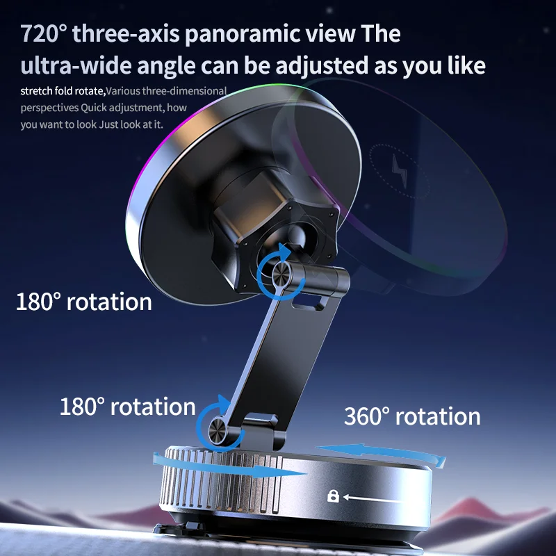 360 Rotation 15W RGB Magnetic Wireless Charger & Vacuum Suction Cup Bracket For Magsafe iPhone 17~12 Pro Max Fast Charging Mount