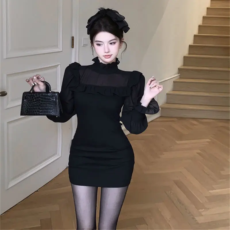 

Fashion Patchwork Y2K Dress Women Korean New Slim Ruffle Stand Collar Long Sleeve Dresses Woman