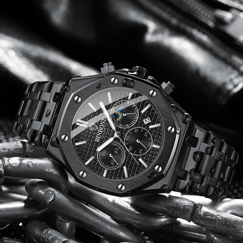 BINBOND Quality Men Watch Luxury High Man Quartz Wristwatch Waterproof Luminous Date Stainless Steel Men's Watches Casual Clock
