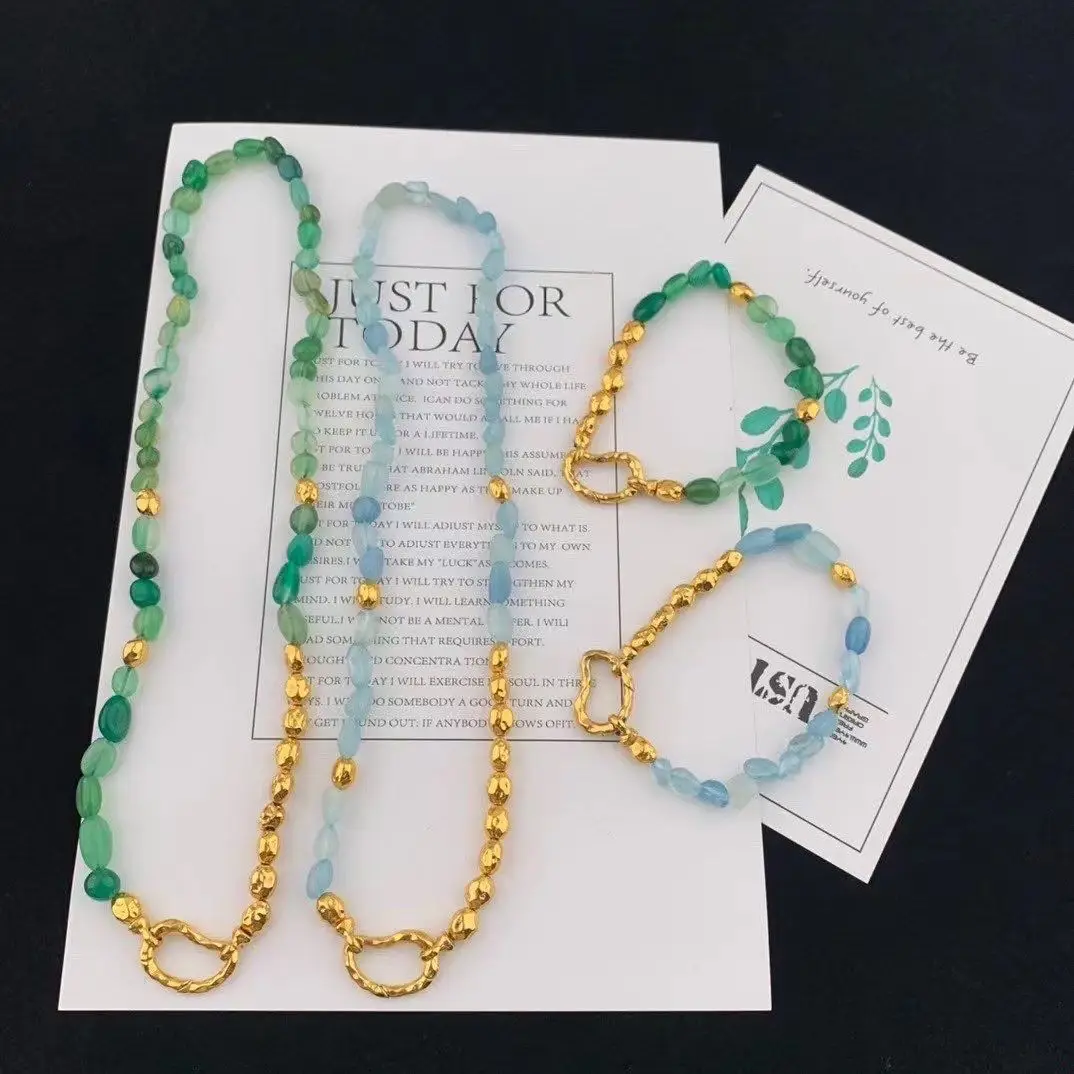 

Fashion Temperament Aquamarine Spliced Copper Plated Hand Beads Bracelet Necklace for women's girl overlay jewels accessories