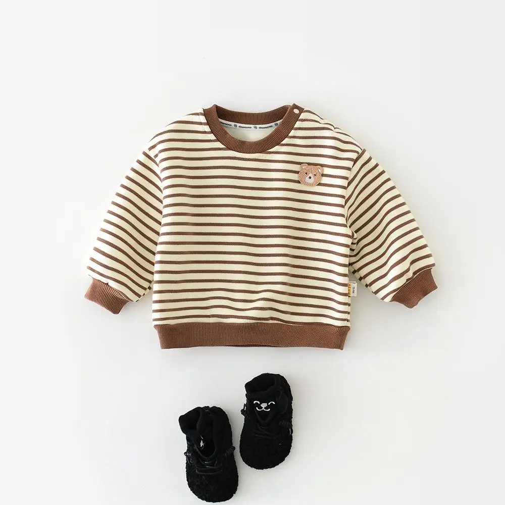 2025 Winter New Baby Long Sleeve Fleece Sweatshirt Infant Plus Velvet Thick Warm Pullover Toddler Boy Girl Casual Striped Tops