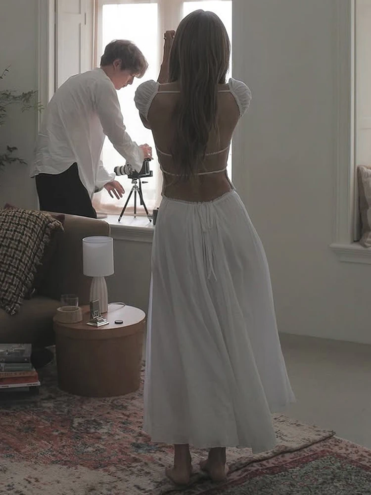 Nibber Elegant Backless Dress Women Y2K Chic Low Neck Bandage Stretch Ruched Simple Basic Vacation Party Street Long Bodycon