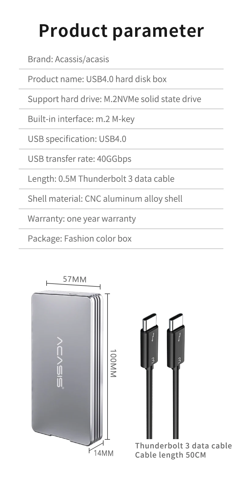 usb hdd enclosure Acasis Thunderbolt 3 40Gbps NVME M.2 SSD Enclosure 2TB Aluminum USB C with 40Gbps Thunder Bolt Thunderbolt 3 For Macbook hdd case usb 3.0