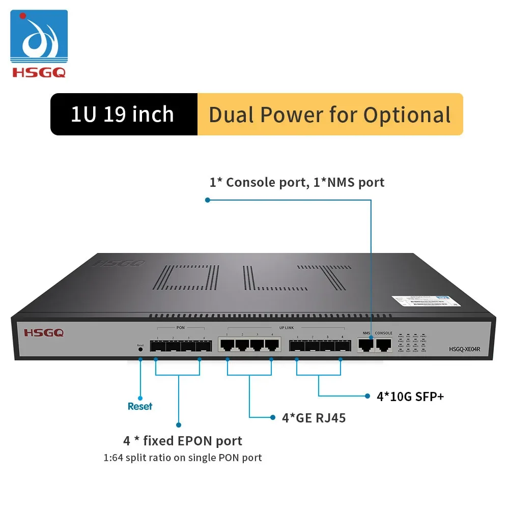 HSGQ-E04R, HSGQ-XE04R, 1U 4 PON Ports EPON OLT 4 GE copper RJ45 ethernet ports, 4*GE(SFP)/10GE(SFP+) optical uplink ports