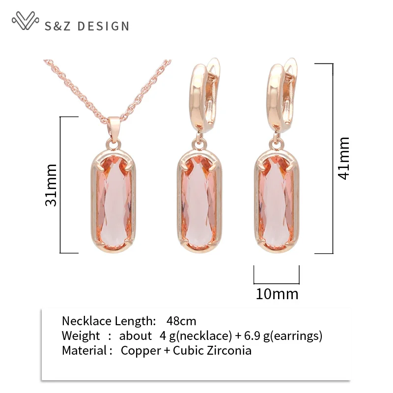 S&Z DESIGN New Fashion 585 Rose Gold Color Egg Shape Oval Cubic Zirconia Dangle Earrings Jewelry Sets For Women Wedding Necklace