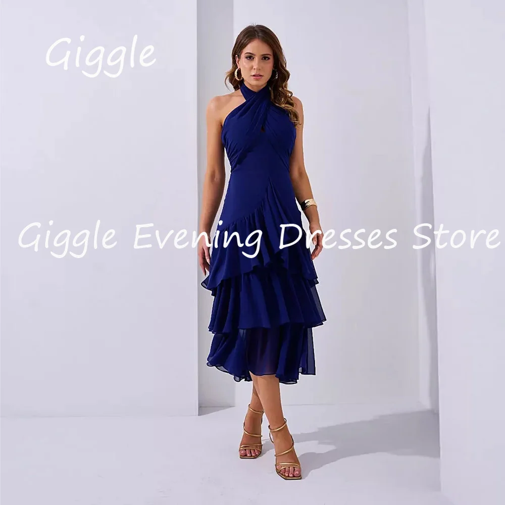 

Giggle Chiffon A-line Halter Ruffle Formal Elegant Prom Gown Tea-length luxury Evening Pretty Party Dresses for Women 2023