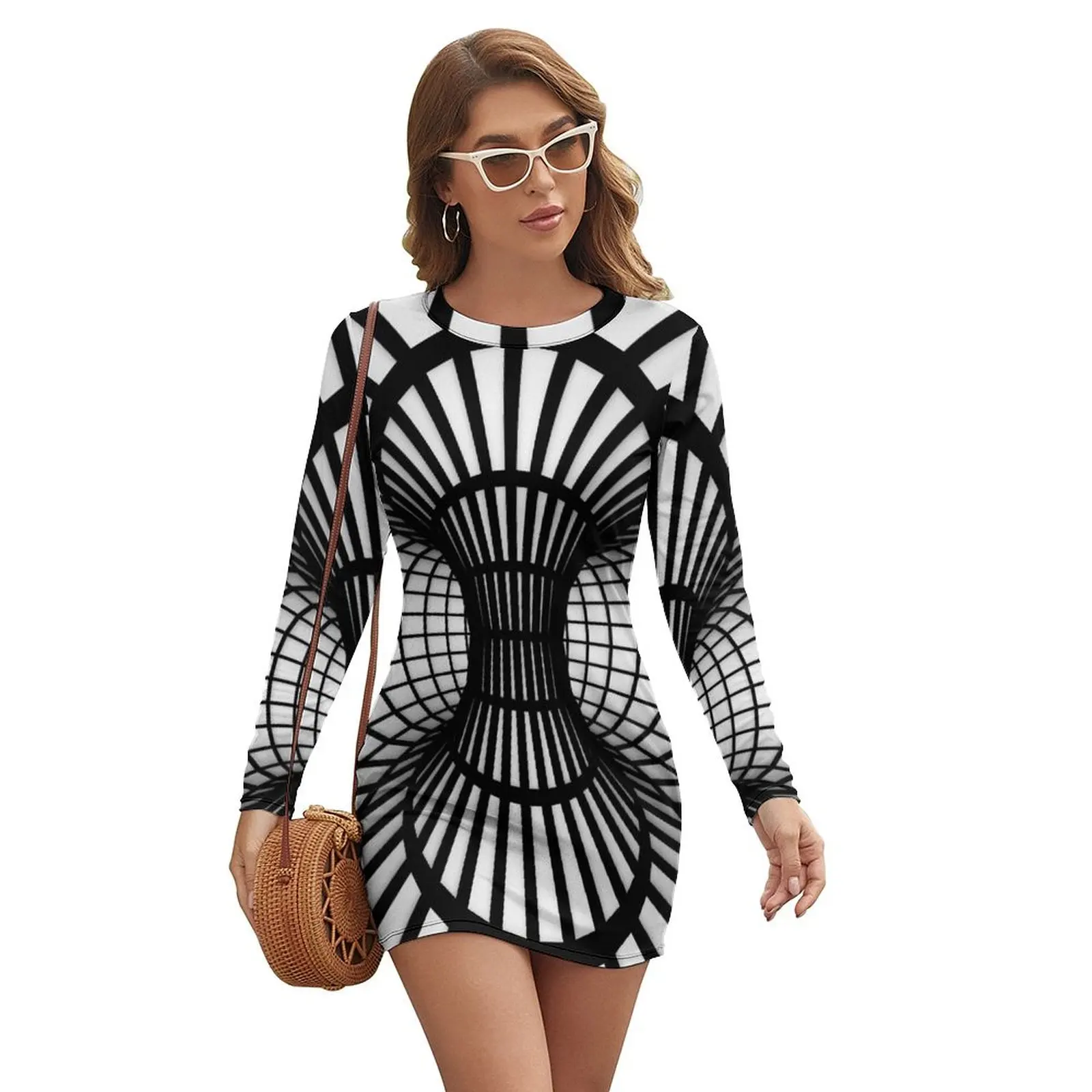 

Op Art Black and White Wireframe Tunnel Optical Illusion Long-sleeved Dress summer dresses womens 2024