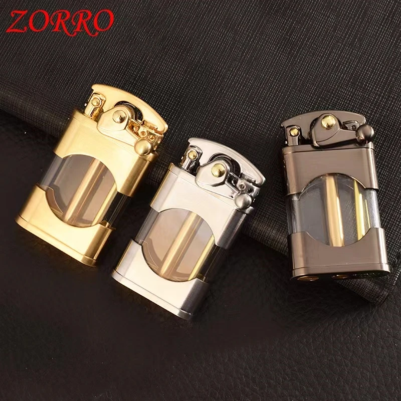 ZORRO Creative Rocker Kerosene Lighter Metal Visible Transparent Oil Bin Old Style Grinding Wheel Smoking Accessories Gadgets kerosene lighter,cigarette lighter