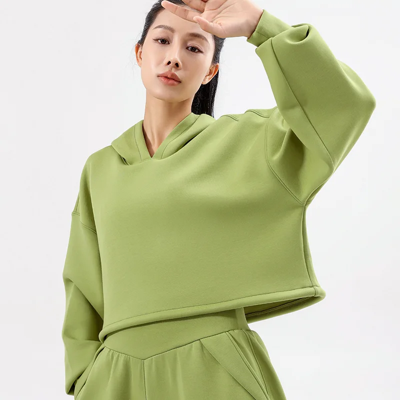 

Осенне-зимний комплект из 2 предметов, толстовки, повседневный спортивный костюм, топ на шнуровке для бега, Свободные тренировочные штаны с плотной талией, однотонный Свитшот