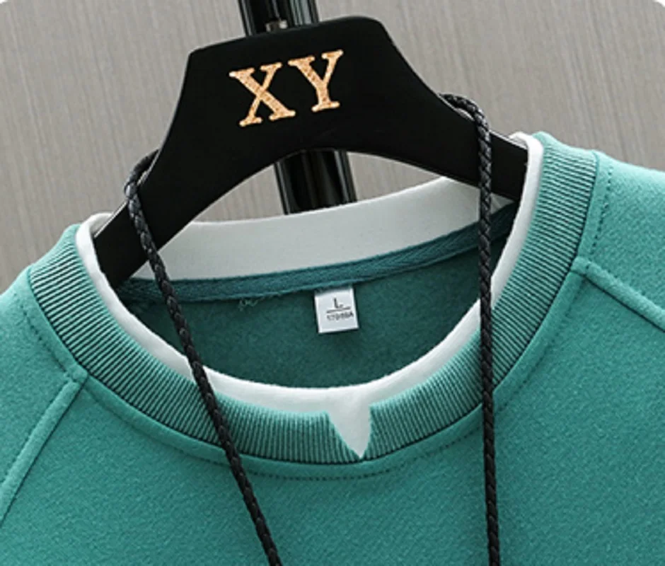 2024 Mens Casual Sweatshirts Harajuku Solid Color New Fashion Male Fake Two Pieces O-Neck Sweatshirt Hoodies Hip Hop Streetwear