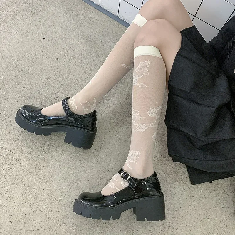 

Rose Flower Print Girls Stockings Women Ultra-thin Transparent Knee Socks JK Lolita Sweet Girls Kawaii Cute Women Long Socks