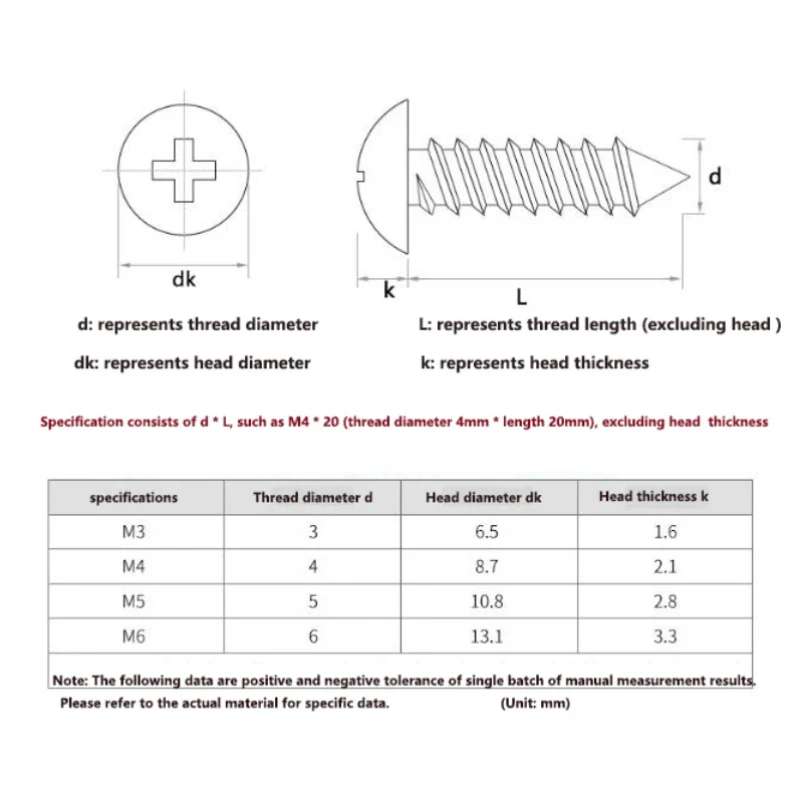 M3 M4 M5 M6 304 Stainless Steel Cross Large Flat Head Round Head Large Umbrella Mushroom self tapping screw