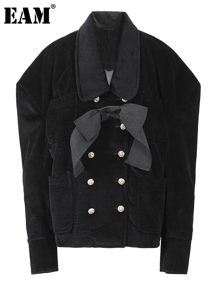 

[EAM] Loose Fit Black Corduroy Bow Big Size Jacket New Lapel Long Sleeve Women Coat Fashion Tide Spring Autumn 2024 1DF2133