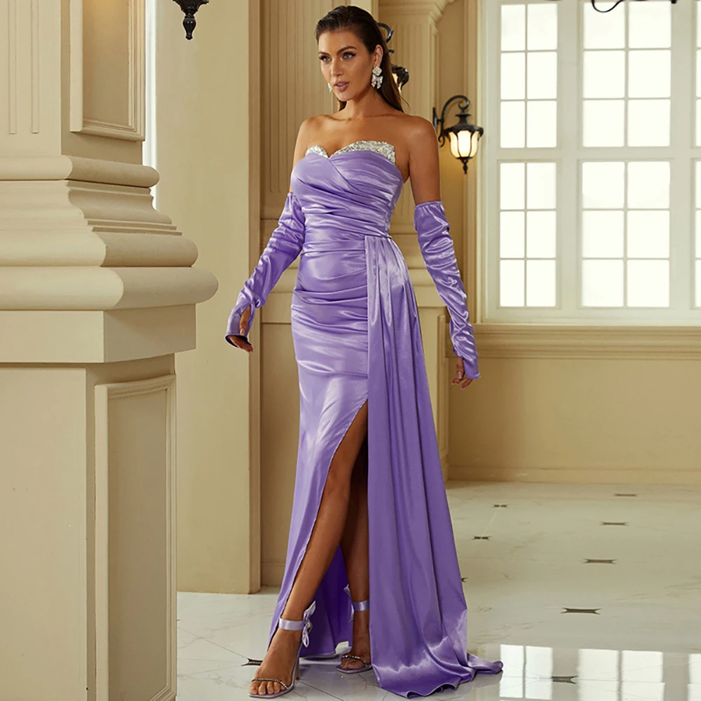 

Modern Purple Satin Prom Dress for Women Formal Sequin Sweetheart Trumpet Evening Dresses with Split Backless vestidos elegantes