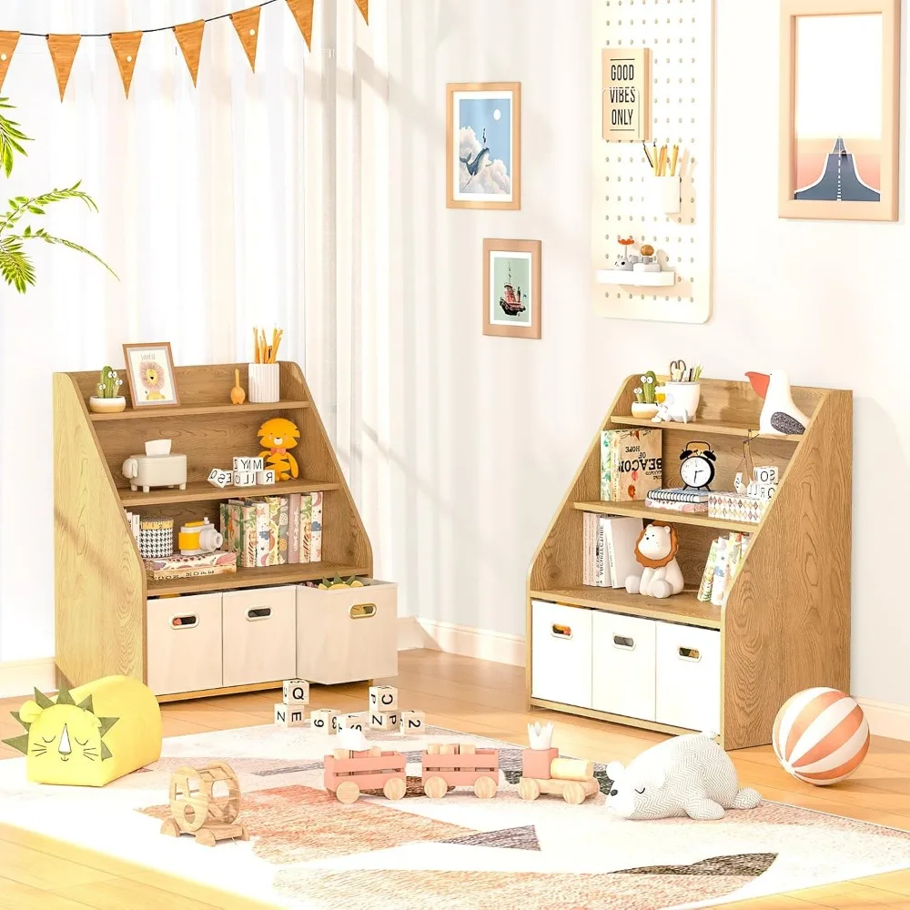 Kids Bookshelf and Toy Organizer, Wooden Kids Bookcase, Toddler Montessori Bookshelf with 3 Movable Drawers, Toy Storage 6