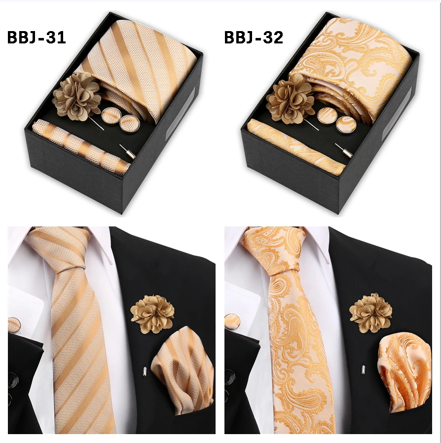 Marke Design Krawatte Taschentuch Manschettenknopf Clip Set Für Männer Seide Krawatte Urlaub Geschenk Box Blau Gold Anzug Zubehör Hochzeit Gravata – Detail 19