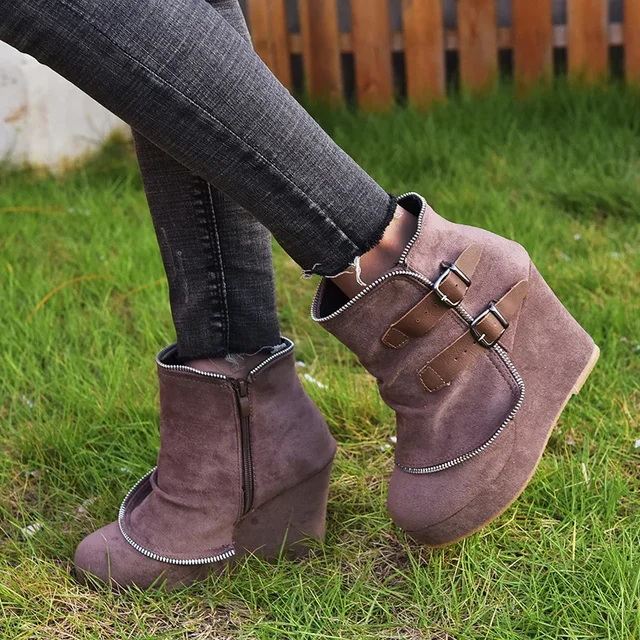 2025 Modern High-heel Boots for Women Ankle Wedges Suede Ladies Shoes Splicing Fake Zip Belt Buckle Height Increasing Daily Wear 4