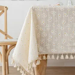 Charming Daisy Floral Cotton Tablecloth - Elegant Rectangular Cover for Dining and Wedding Decor (Golden Daisy Tassels)