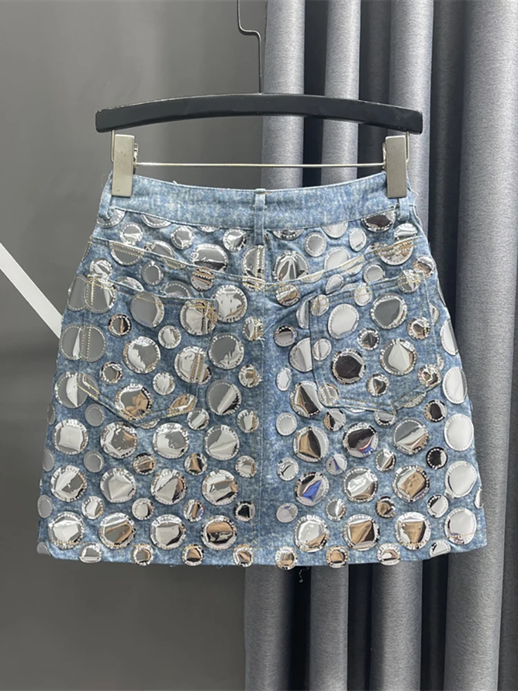 

Women's denim skirt high waist round sequin patchwork bag hip blue miniskirt 2024 spring new fashion 29L4143