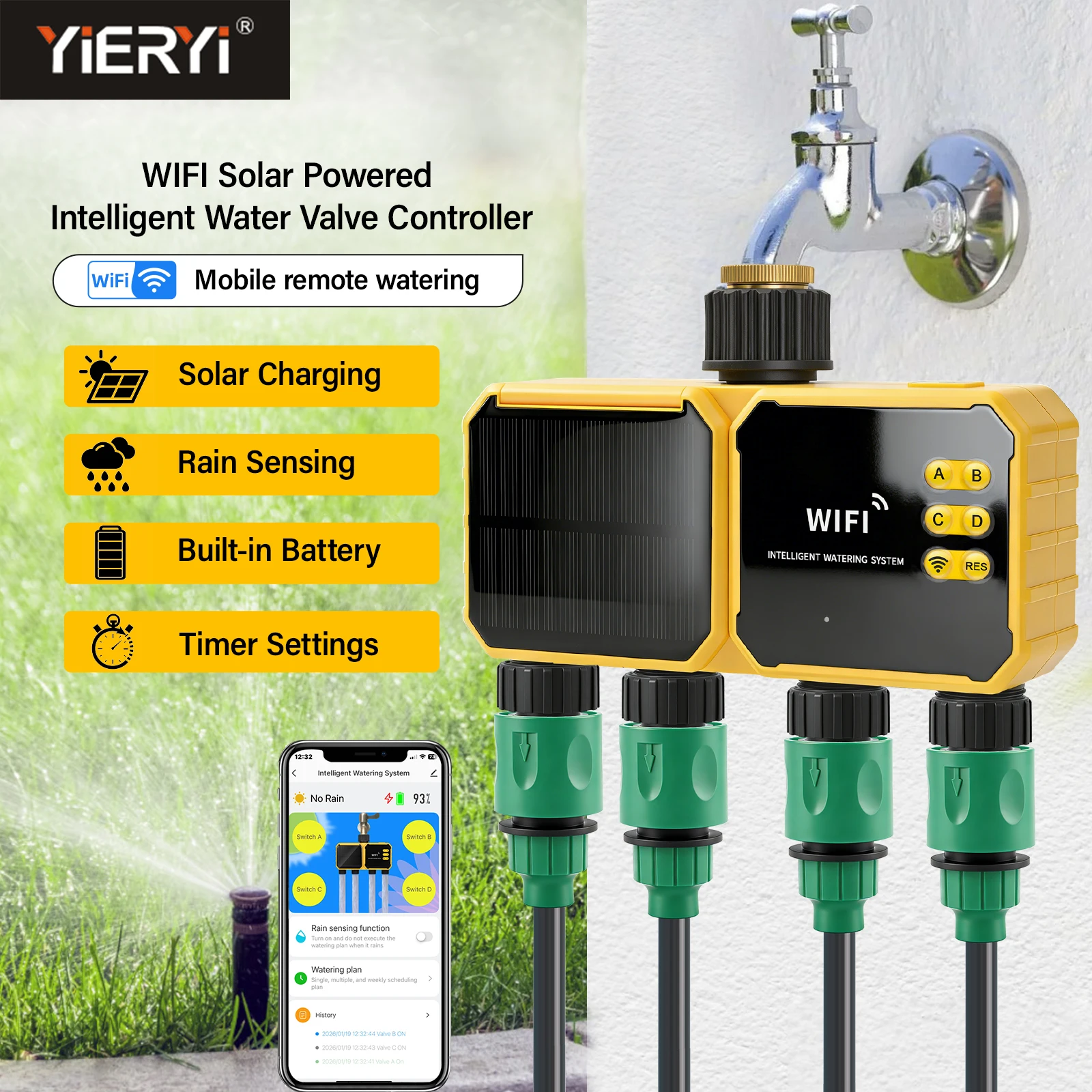 Yieryi Solar WiFi Smart Water Timer 4 Zone Independent Control Automatic Irrigation System IPX6 Rain Sensor Garden Water Valve