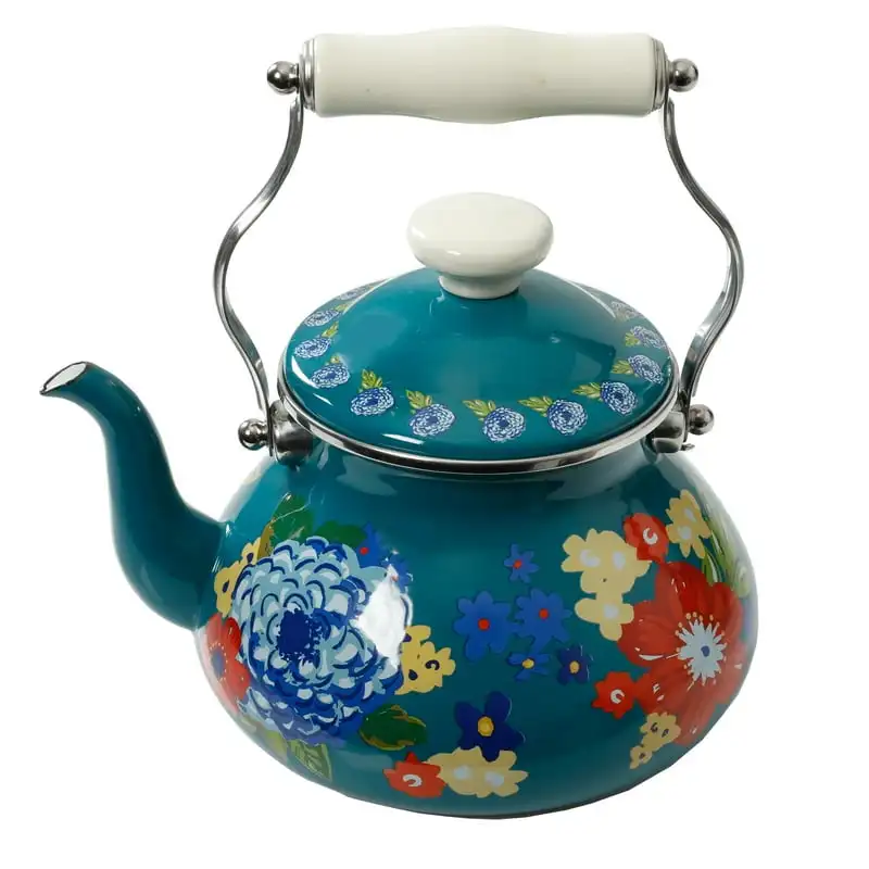 

Dahlias Enamel on Steel 2 Quart Tea Kettle, Teal
