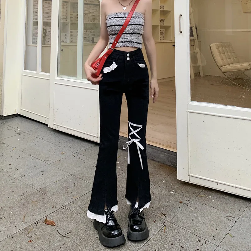 Lace Jeans Ins Skinny Cute Girls Stretch Wide Leg Pants Casual Chic Lace Up Fashion Women'S Trousers Streetwear Y2K Autumn
