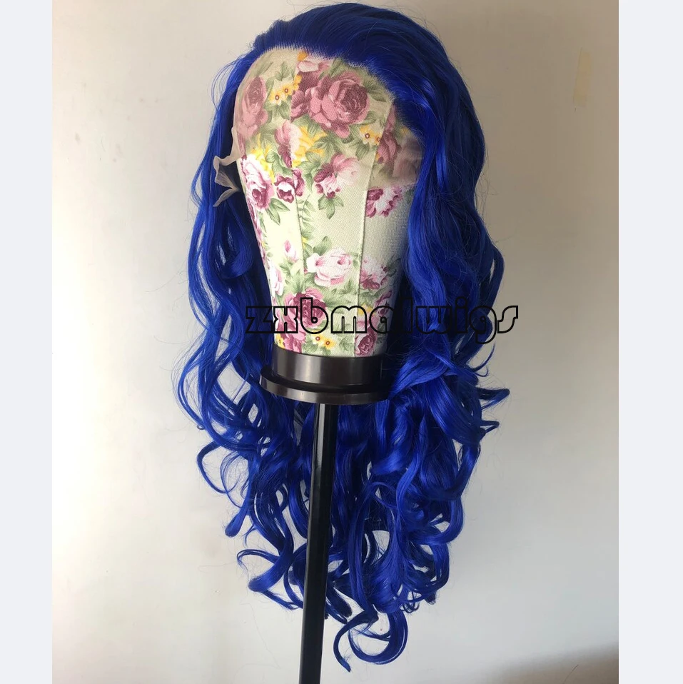 

Dark Blue Preplucked Loose Wave Synthetic Hair Lace Frontal Wig For Women Glueless Fiber Hair Transparent Lace Wigs