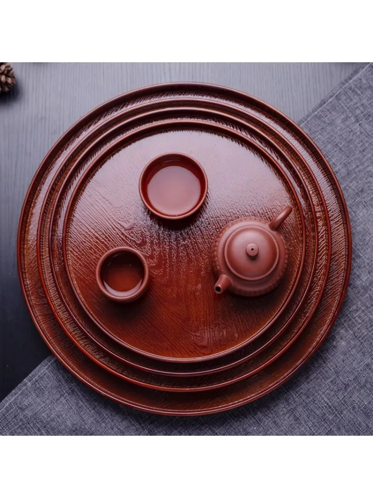 *Round Tea Tray Household Wood Grain Water Cup Tray Household Fruit