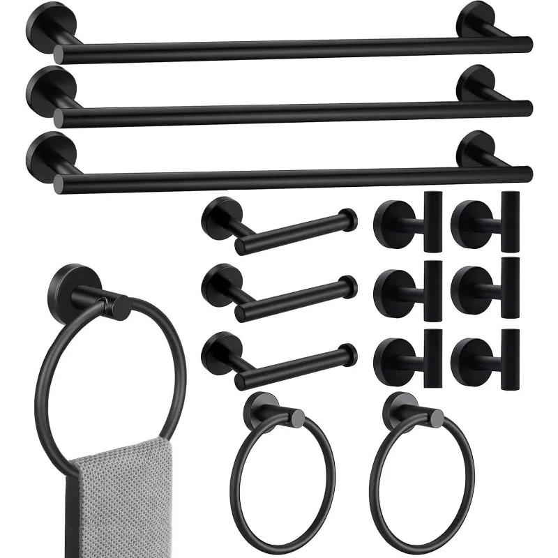 15sets Matte Black Bathroom Hardware Set, Include 23.6inch Towel Bar,Towel Ring,Toilet Paper Holder,Robe Hook-Matte Black