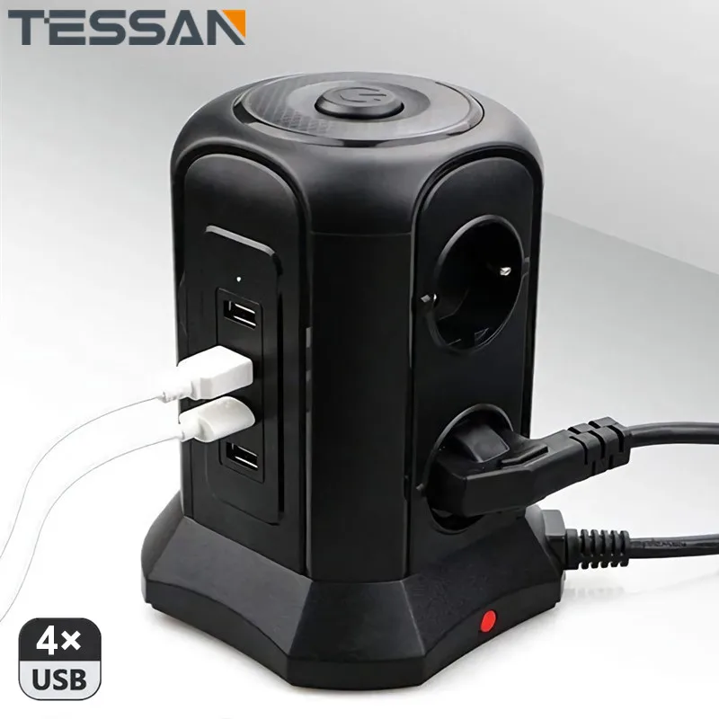 TESSAN Vertical Tower Power Strip EU Plug Extension Socket with 6 Outlets 4 USB 2M Cable Multiple European Plug Electric Socket