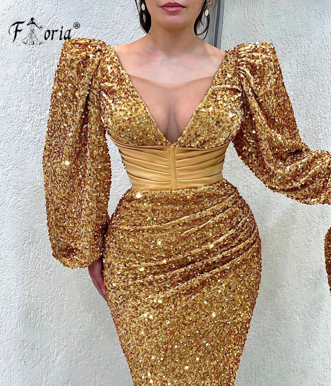 

Блестящие блестящие вечерние платья с длинным рукавом и глубоким V-образным вырезом для выпускного вечера, золотые вечерние платья-русалки, элегантные платья для женщин