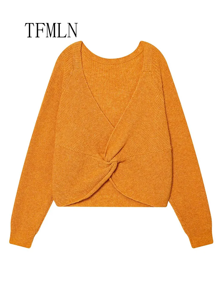 Loose Women Backless Solid Knitted Sweaters Retro Long Sleeve Back Knot Causal Pullover Tops Sweet High Street Lady Knitwear