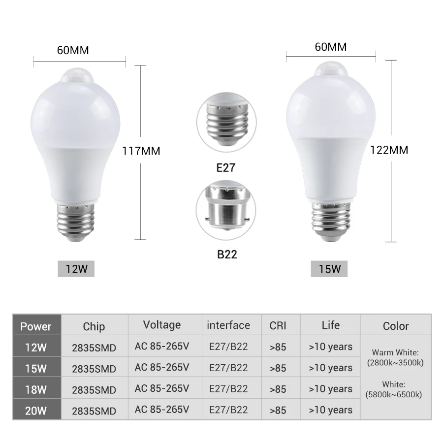 PIR 모션 센서 LED 램프 85-265V E27 B22 12W 15W 18W 20W PIR 센서 전구 자동 켜짐/꺼짐 현관 계단 차고 보안등