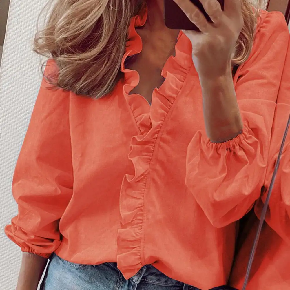 

V-neck Pullover Top Elegant V-neck Lantern Sleeve Shirt Tops for Women Ruffle Trim Pullover Tops Solid Color for Spring