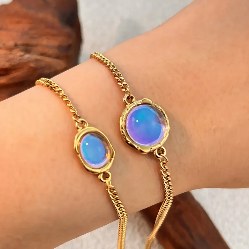 Punk Round Crystal Thick Chain Bracelet Women Green Square CZ Zircon Bangle Bracelets Stainless Steel Waterproof Classic Jewelry