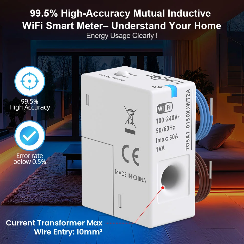 TONGOU Tuya Smart WiFi Energy Meter – 1-50A Real-Time Monitoring, Works with Hom