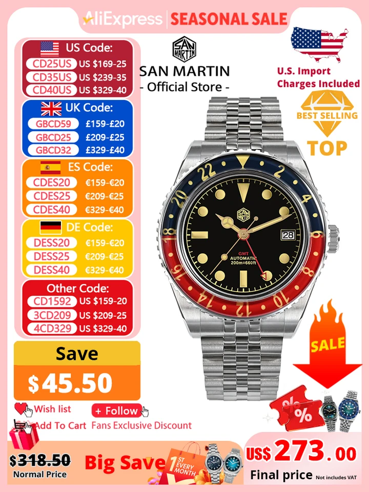 San martin-自動機械式時計,スポーツスタイル,フル発光,サファイア