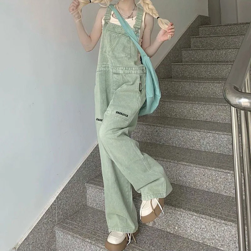

Green Denim Overalls Pant for Women Y2k Streetwear Baggy Pocket Jeans Straight Bib Denim Rompers Trousers Korean Ladies