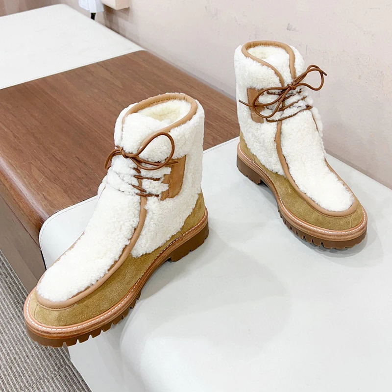 

2023 New Lace-up Snow Boots Winter Wool Material Comfortable Warm Ladies Boots Thick Bottom Female Shoes With Wide Toe