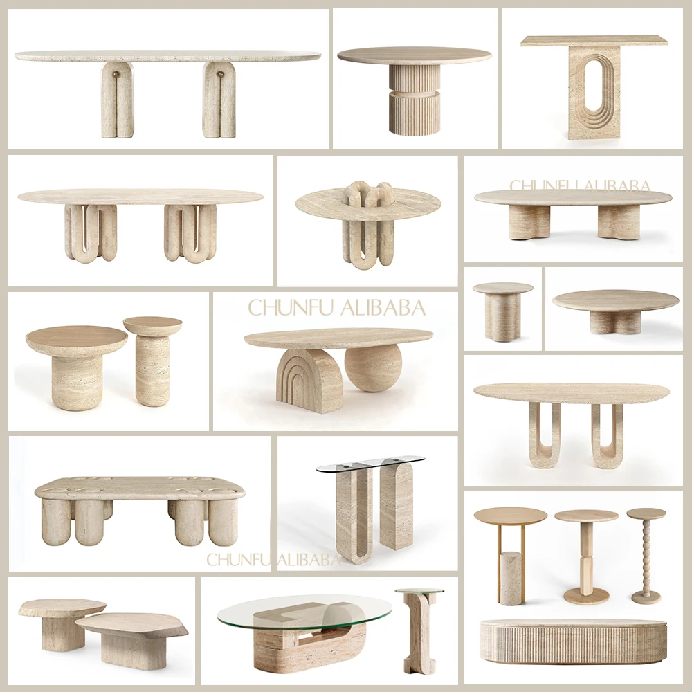 ODM Italian Luxury Style Beige Stone Living Room Furniture Nesting Table Travertine Solid Wood Coffee Table