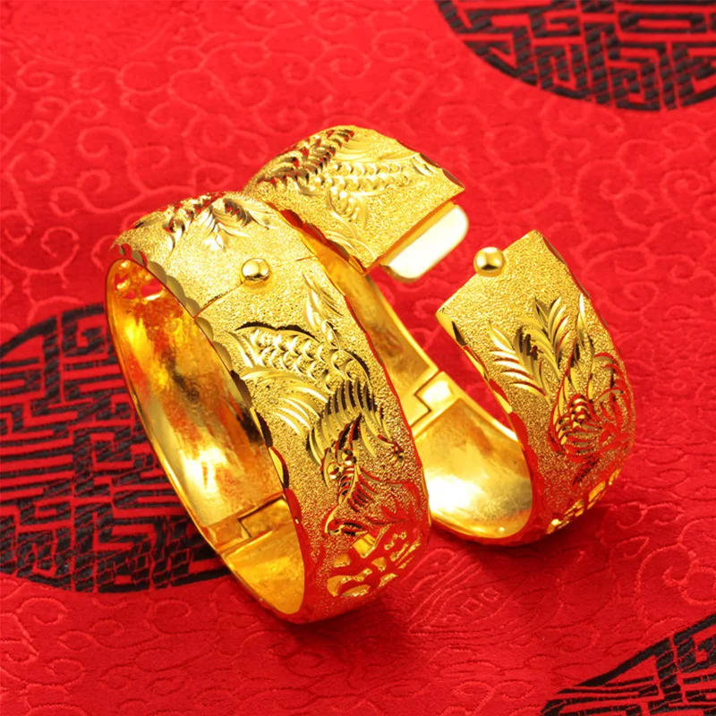 

HOYON Gold 24K Coating Wedding Bangles for Women Brides Dubai Jewelry Open Buckle Dragon Phoenix Bracelet Imitation Pure Gold