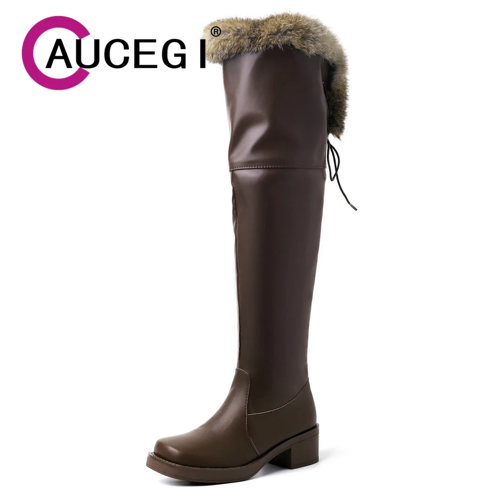 

Aucegi 2024 New Winter Women Large Size 34-43 Snow Over the Knee Boots Fashion Square Toe Thick Heels Zipper Warm Dress Shoes