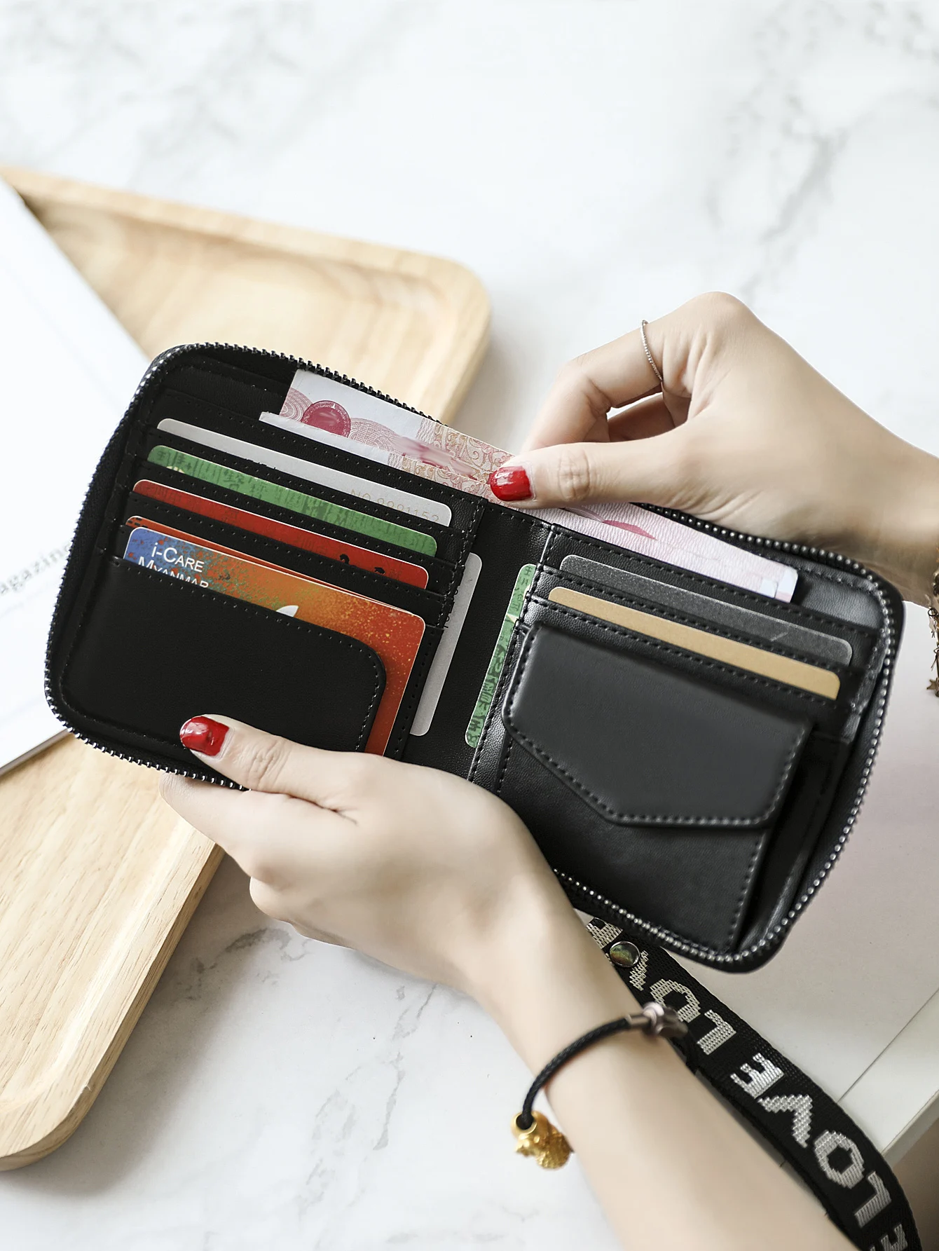 Fashionable laser colored women's short wallet PU leather large