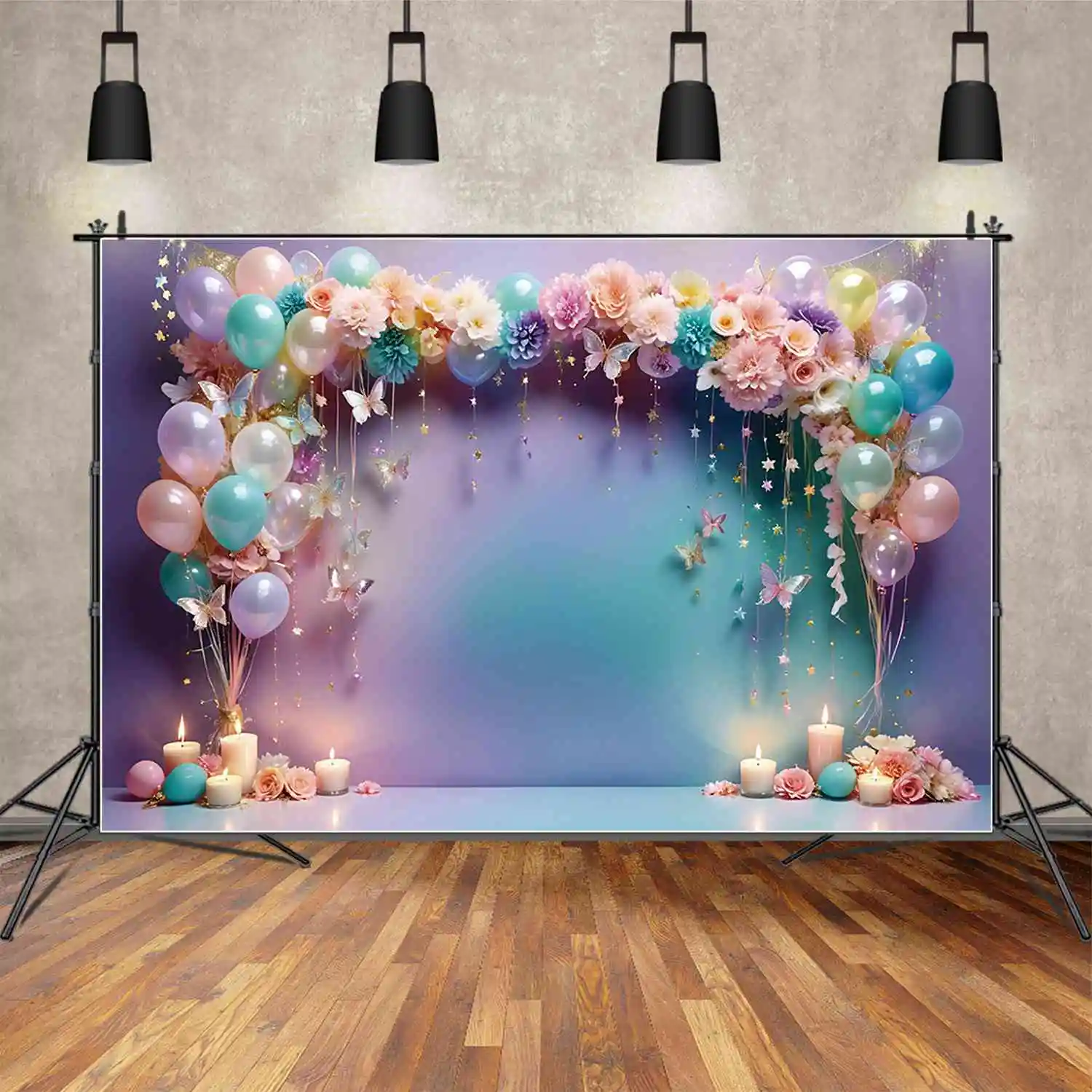 

MOON.QG Butterfly Floral Garland Baby Shower Background Gradient Balloon Flower Backdrop Custom Party Decoration Photozone Props
