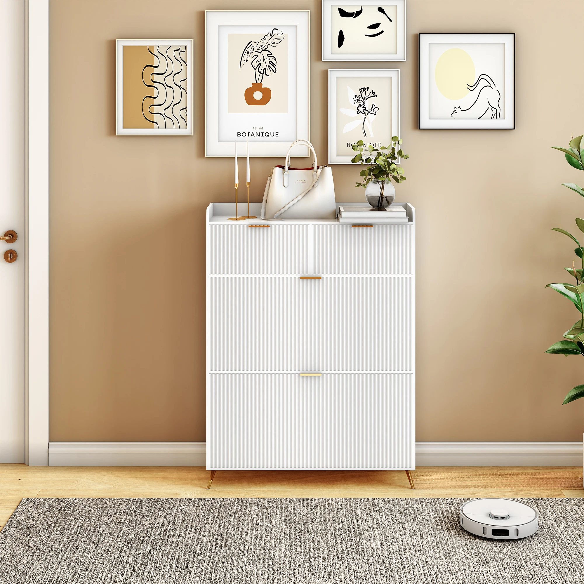 Anajqaqia 80 x 24 x 110 cm Moderner platzsparender Schuhschrank, Schuhregal für den Eingangsbereich mit 2 Schubladen und 2 Schiebetüren, weißes Schuhregal – Detail 3