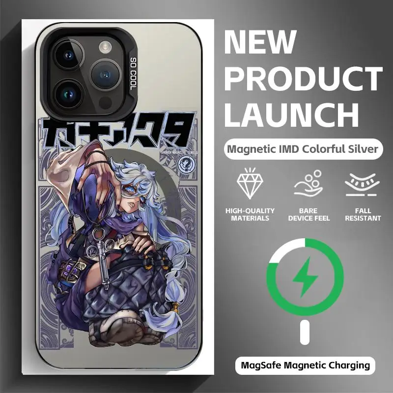Black Magnetic Anime Phone Case with Colorful Silver Design
